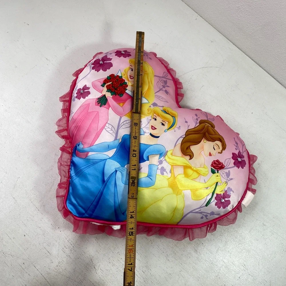Vintage Y2K Disney Princess Satin Heart Pillow Aurora Cinderella Belle Ruffle